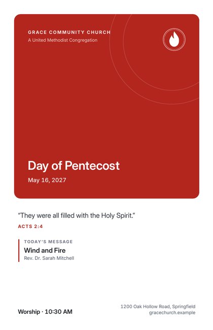 A Modern bulletin cover in Pentecost colors.